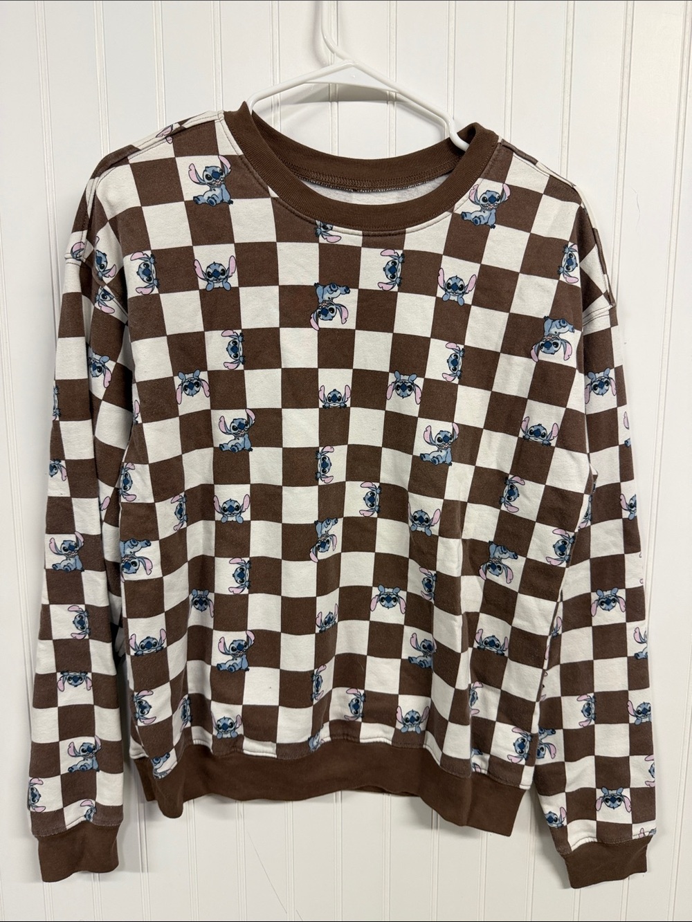 Checkerboard Crewneck Sweater in Brown & White with Character Motif